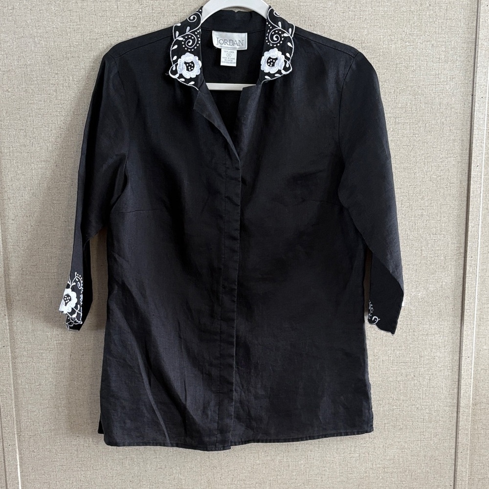 Jordan 100% Linen Black Embroidered Blouse Boho Workwear Casual Chic Sz Medium